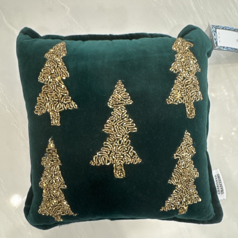 New‎ Cherished Traditions 12" Christmas Tree Beaded Dark Green Pillow